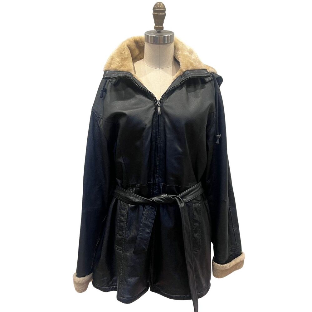 Vintage The Connection NY Black Leather Jacket S Shearling Belted Y2K Matrix